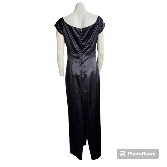 Vintage Marlene's Black 60" Long Gown / Black Satin Long Maxi Dress Gown - Picture 3 of 15